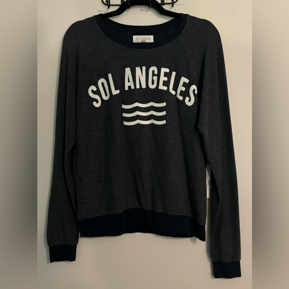 NWT‎ Sol Angeles Womens Crew Neck Small Navy Graphic Sweatshirt Made in USA Logo